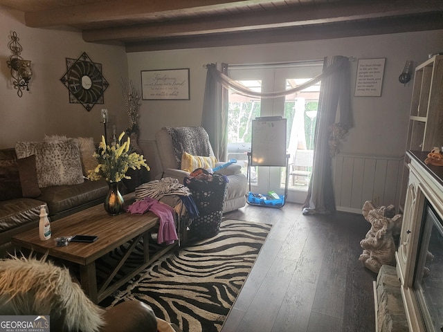 605 Smithville Church Rd, Warner Robins, GA 31088 - living room featuring beam ceiling, hardwood / wood-style flooring, and a wainscoted wall
