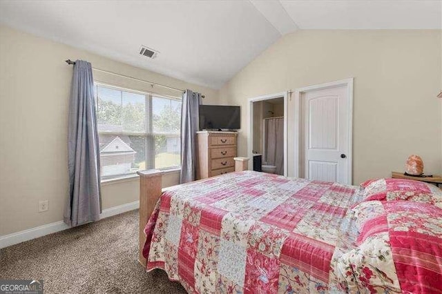 bedroom featuring lofted ceiling, carpet flooring, and baseboards
