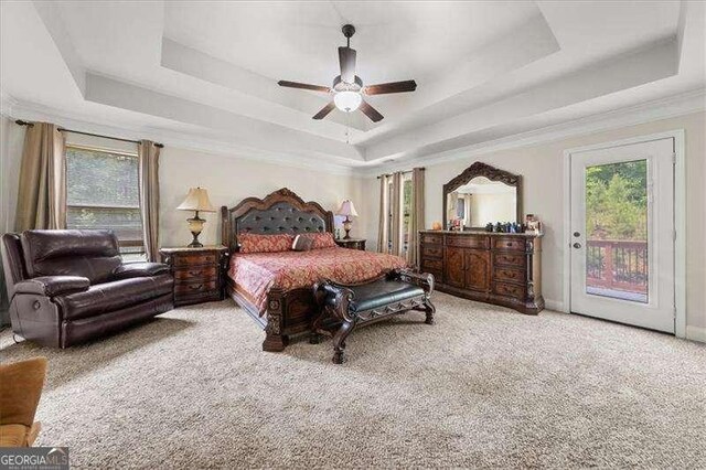 bedroom with a tray ceiling, access to exterior, multiple windows, carpet floors, and crown molding