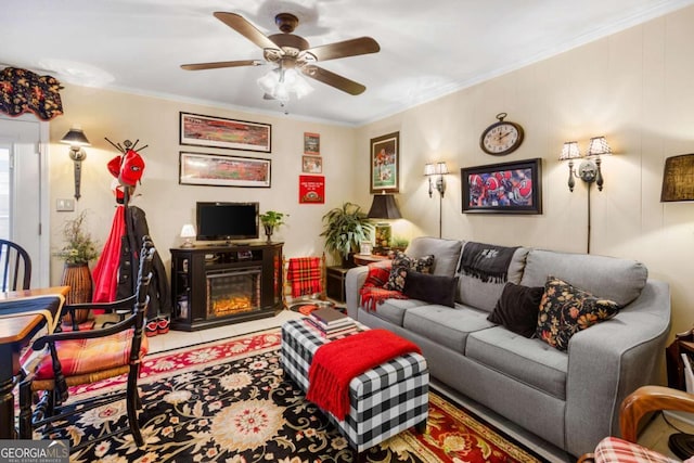 7 Stratford Dr, Athens, GA 30605 - living area featuring ceiling fan, crown molding, and a glass covered fireplace