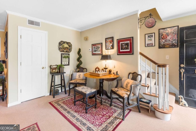 7 Stratford Dr, Athens, GA 30605 - sitting room featuring carpet flooring, crown molding, stairs, and baseboards