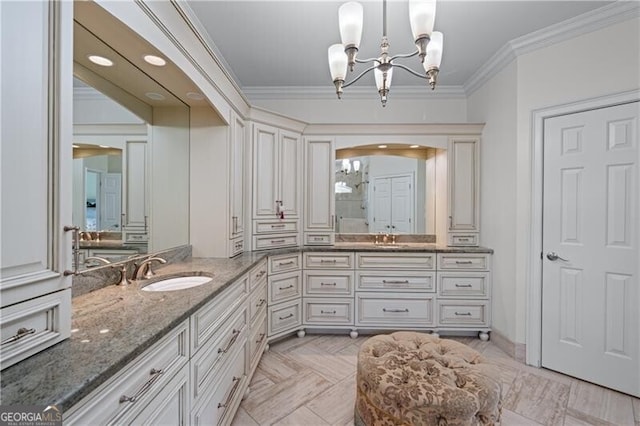 9325 Saint Georgen Cmn, Duluth, GA 30097 - bathroom featuring a chandelier, vanity, crown molding, and a shower