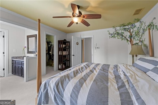 9325 Saint Georgen Cmn, Duluth, GA 30097 - bedroom featuring light colored carpet, ornamental molding, a spacious closet, and a ceiling fan