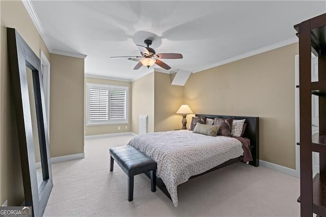 bedroom featuring crown molding, light colored carpet, baseboards, and ceiling fan