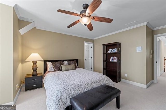 bedroom with light carpet, baseboards, crown molding, and ceiling fan
