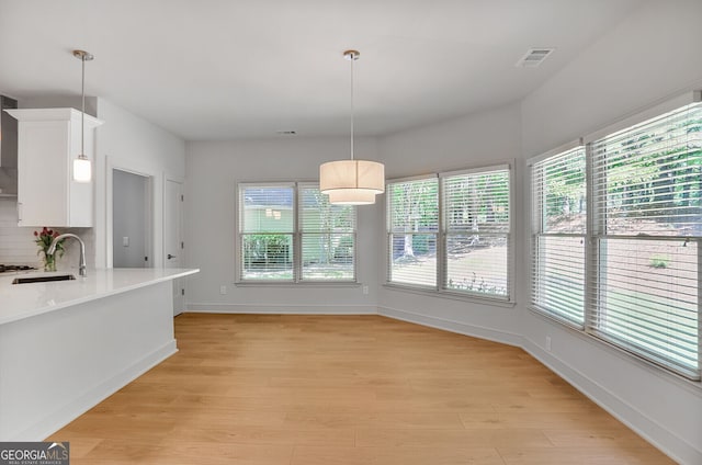 unfurnished dining area featuring a sink, plenty of natural light, light wood finished floors, and baseboards