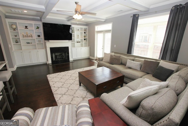 116 Festoon Ct, Smyrna, GA 30080 - living area with dark wood-style floors, ceiling fan, crown molding, beam ceiling, and coffered ceiling