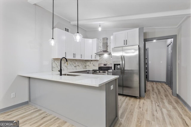 kitchen featuring appliances with stainless steel finishes, wall chimney range hood, a sink, a peninsula, and light wood-style flooring