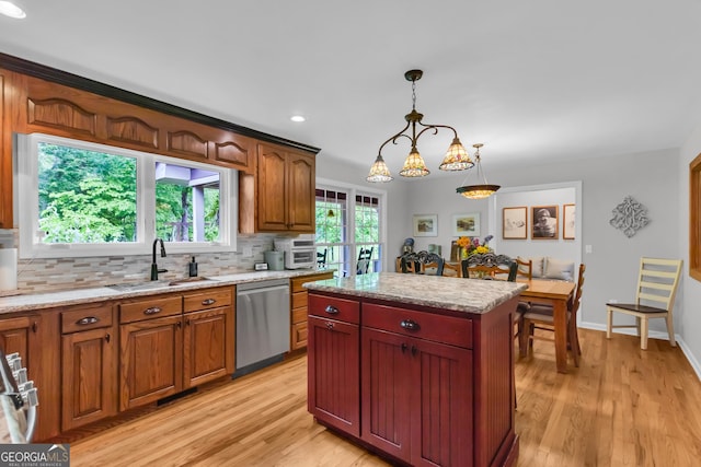 739 Rockford Creek Rd, Clarkesville, GA 30523 - kitchen featuring stainless steel dishwasher, a sink, light wood finished floors, backsplash, and hanging light fixtures