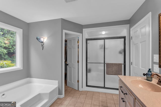 739 Rockford Creek Rd, Clarkesville, GA 30523 - bathroom with a stall shower, tile patterned floors, a bath, and vanity