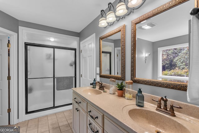739 Rockford Creek Rd, Clarkesville, GA 30523 - full bath with a stall shower, tile patterned flooring, and double vanity