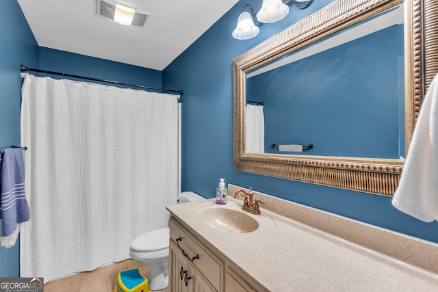 739 Rockford Creek Rd, Clarkesville, GA 30523 - full bathroom with vanity, toilet, tile patterned flooring, and a shower with shower curtain