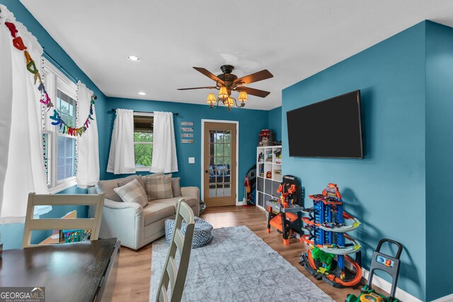 739 Rockford Creek Rd, Clarkesville, GA 30523 - living room featuring ceiling fan, wood finished floors, recessed lighting, and french doors