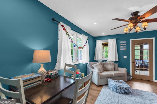 739 Rockford Creek Rd, Clarkesville, GA 30523 - living area featuring ceiling fan, wood finished floors, and recessed lighting