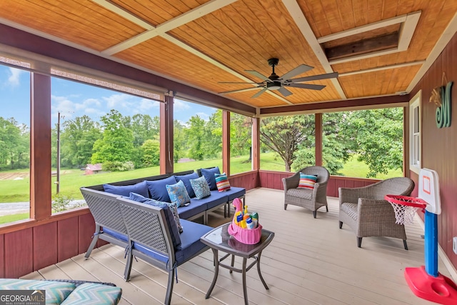 739 Rockford Creek Rd, Clarkesville, GA 30523 - sunroom / solarium featuring an outdoor hangout area, a ceiling fan, and view of scattered trees