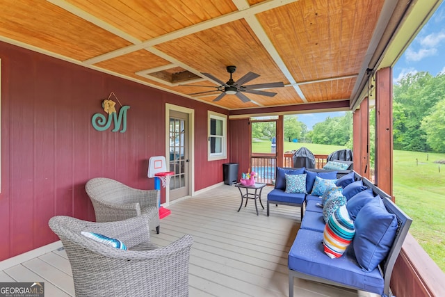 739 Rockford Creek Rd, Clarkesville, GA 30523 - wooden deck with an outdoor living space, ceiling fan, and a lawn