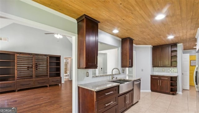 kitchen featuring a sink, dishwasher, decorative backsplash, wooden ceiling, and recessed lighting