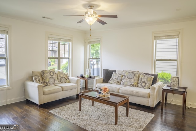 4448 Tacoma Trce, Suwanee, GA 30024 - living room with dark wood-type flooring, ornamental molding, a ceiling fan, and baseboards
