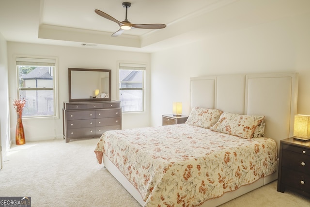 4448 Tacoma Trce, Suwanee, GA 30024 - bedroom with light carpet, a tray ceiling, and ceiling fan