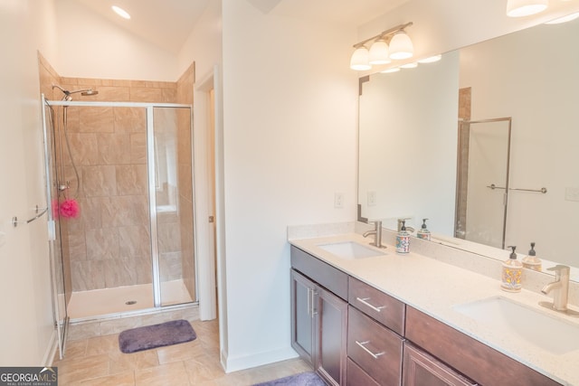 4448 Tacoma Trce, Suwanee, GA 30024 - full bath featuring a stall shower, double vanity, baseboards, and tile patterned flooring