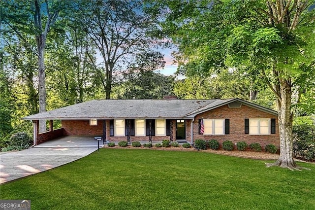 1471 Robinhood Trl, Gainesville, GA 30501 - ranch-style house with a front lawn, concrete driveway, brick siding, an attached carport, and a chimney