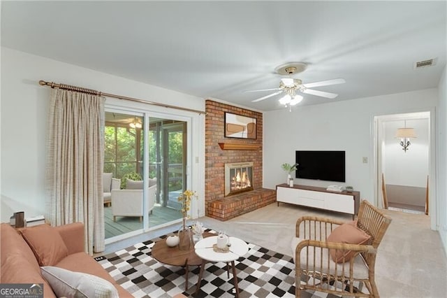 1471 Robinhood Trl, Gainesville, GA 30501 - living room with light carpet, a brick fireplace, and a ceiling fan