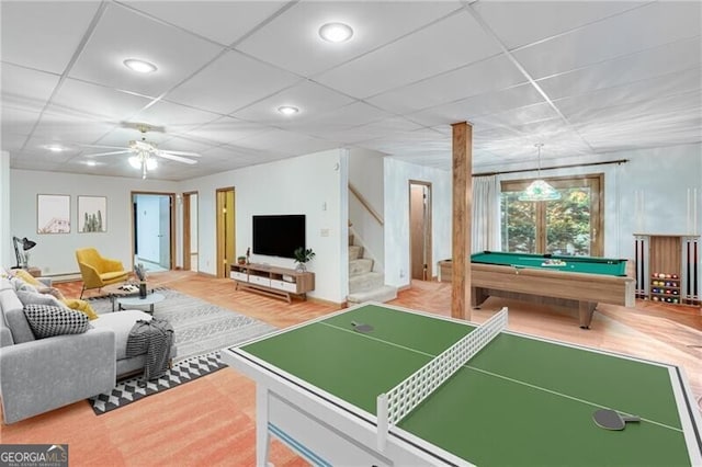 1471 Robinhood Trl, Gainesville, GA 30501 - playroom featuring billiards, a ceiling fan, a drop ceiling, and recessed lighting