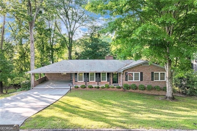 1471 Robinhood Trl, Gainesville, GA 30501 - single story home with concrete driveway, a front lawn, a chimney, and an attached carport