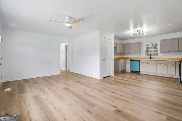 77 Frances St, Summerville, GA 30747 - kitchen featuring dishwasher, gray cabinets, ornamental molding, light wood-style floors, and a sink