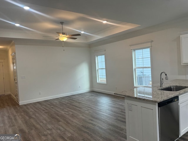 1007 Syrup Mill Creek Ln, Cairo, GA 39828 - kitchen with stainless steel dishwasher, a sink, ornamental molding, dark wood-type flooring, and white cabinetry