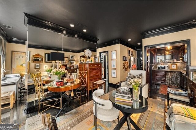 1421 Peachtree St NE Unit 203, Atlanta, GA 30309 - dining area with crown molding, recessed lighting, and baseboards