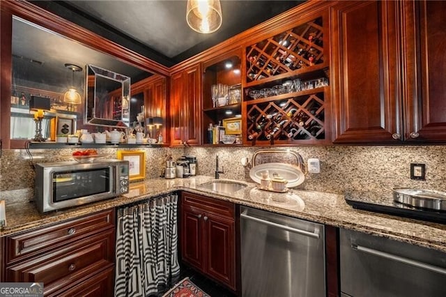 1421 Peachtree St NE Unit 203, Atlanta, GA 30309 - indoor wet bar with stainless steel appliances, decorative backsplash, and ornamental molding