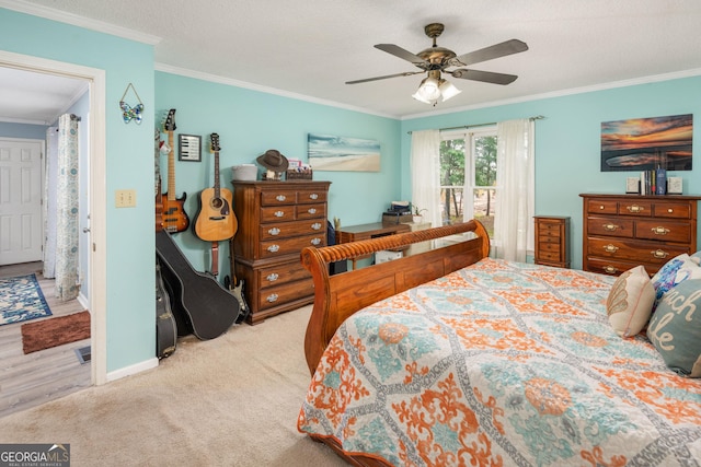 139 Heath Dr S, Macon, GA 31220 - carpeted bedroom featuring crown molding, baseboards, access to outside, and ceiling fan