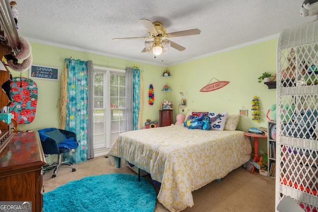 139 Heath Dr S, Macon, GA 31220 - carpeted bedroom with ornamental molding, a ceiling fan, and a textured ceiling