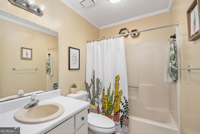 139 Heath Dr S, Macon, GA 31220 - bathroom featuring toilet, a textured ceiling, ornamental molding, vanity, and shower / tub combo