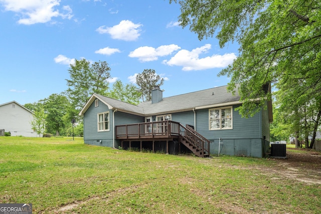 139 Heath Dr S, Macon, GA 31220 - rear view of property with a deck, stairway, cooling unit, a yard, and a chimney