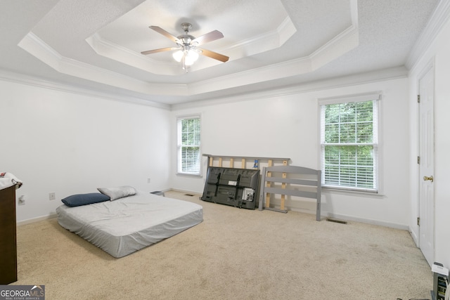 11 Vintage Ct SW, Cartersville, GA 30120 - bedroom with crown molding, carpet floors, a tray ceiling, a ceiling fan, and baseboards