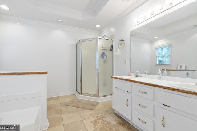 11 Vintage Ct SW, Cartersville, GA 30120 - bathroom featuring crown molding, a stall shower, a tray ceiling, recessed lighting, and tile patterned flooring
