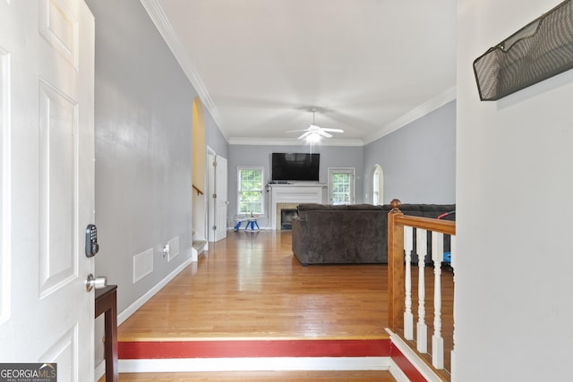 11 Vintage Ct SW, Cartersville, GA 30120 - foyer with wood finished floors, ceiling fan, a fireplace, crown molding, and baseboards