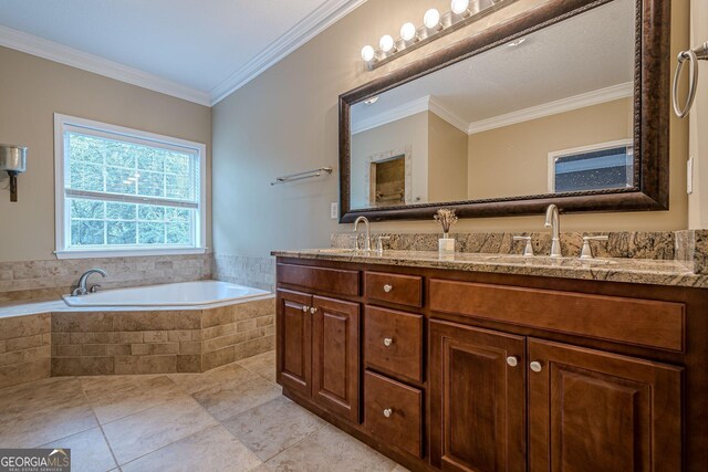516 Main St, Hiram, GA 30141 - bathroom with double vanity, a bath, tile patterned floors, and crown molding