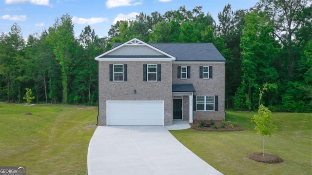 view of front of house with driveway, a garage, a front lawn, and brick siding