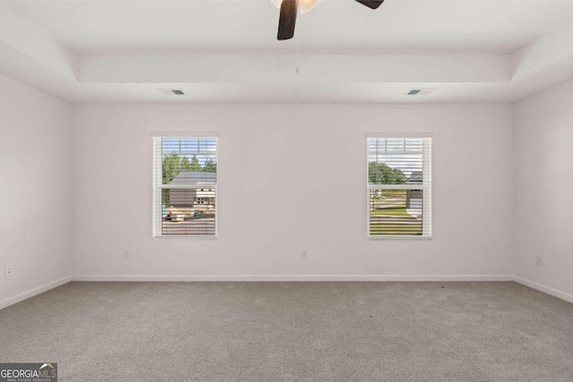 empty room with carpet, healthy amount of natural light, a ceiling fan, and a raised ceiling