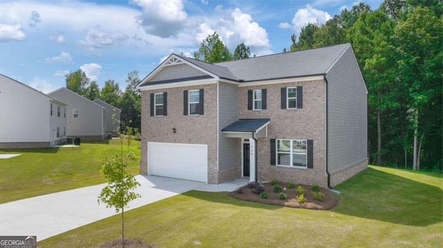 view of front of home featuring a garage, driveway, brick siding, and a front yard