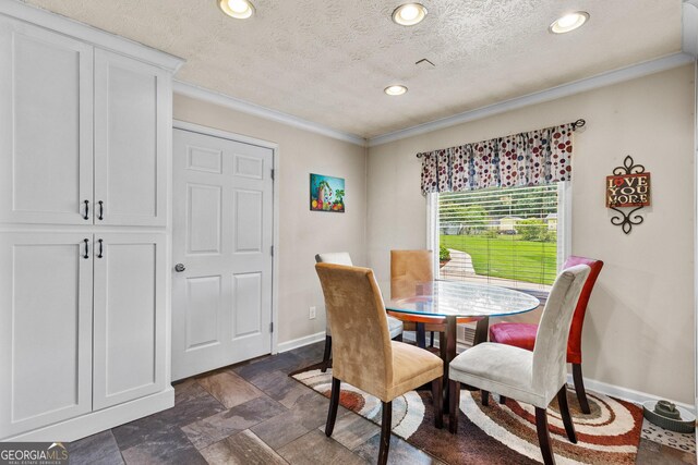 4010 Hamilton Mill Rd, Buford, GA 30519 - dining area featuring crown molding, baseboards, recessed lighting, a textured ceiling, and dark stone finish flooring