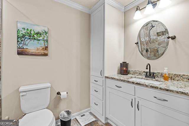 4010 Hamilton Mill Rd, Buford, GA 30519 - bathroom featuring crown molding, toilet, marble finish floors, baseboards, and vanity