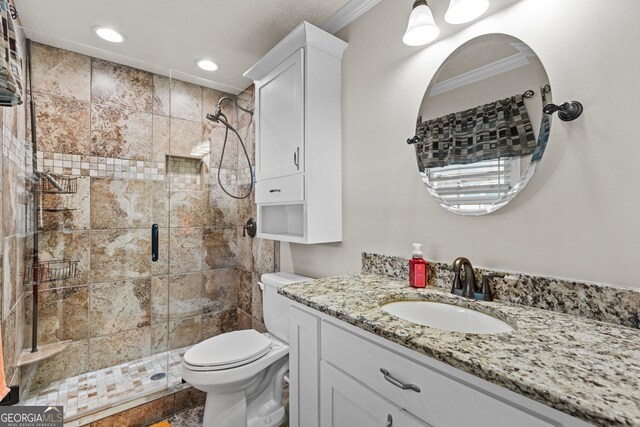 4010 Hamilton Mill Rd, Buford, GA 30519 - bathroom with crown molding, a stall shower, toilet, vanity, and recessed lighting
