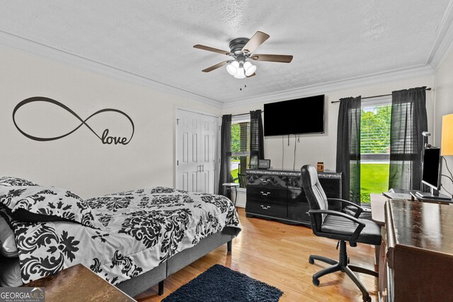 4010 Hamilton Mill Rd, Buford, GA 30519 - bedroom with multiple windows, light wood finished floors, an office area, ornamental molding, and a textured ceiling