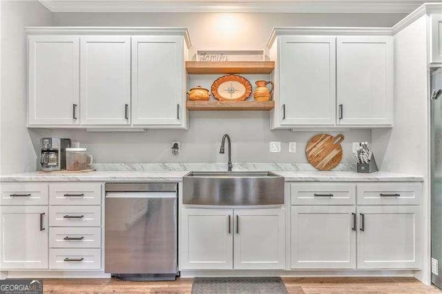 bar area with dishwasher, a sink, and crown molding