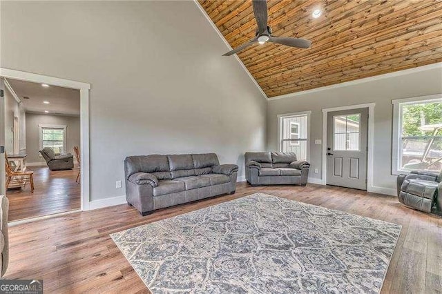 living area featuring ceiling fan, high vaulted ceiling, wooden ceiling, baseboards, and wood finished floors