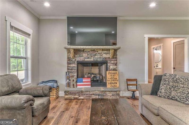 living area featuring ornamental molding, wood finished floors, a stone fireplace, baseboards, and recessed lighting